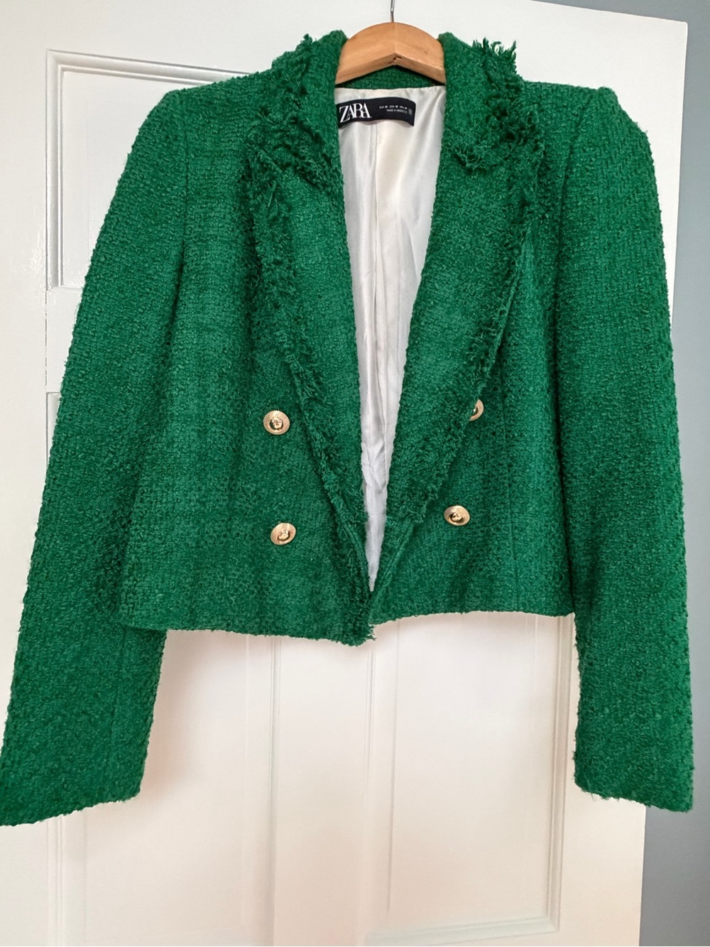 Zara Emerald Green Cropped Tweed Double-Breasted Blazer